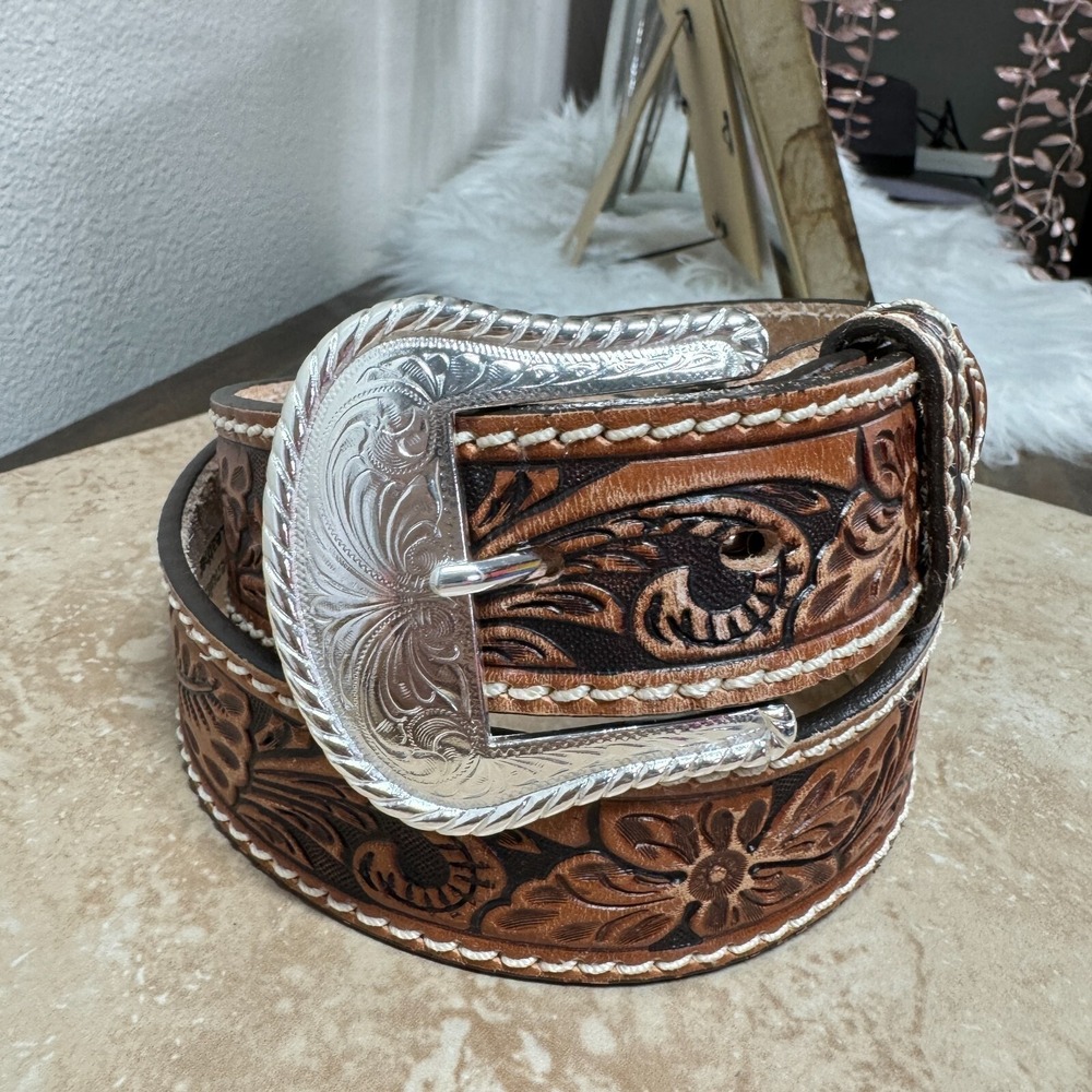 Tony Lama Belt Mens 30 Western Filigree Tooled Floral Leather Cowboy Rodeo Tan